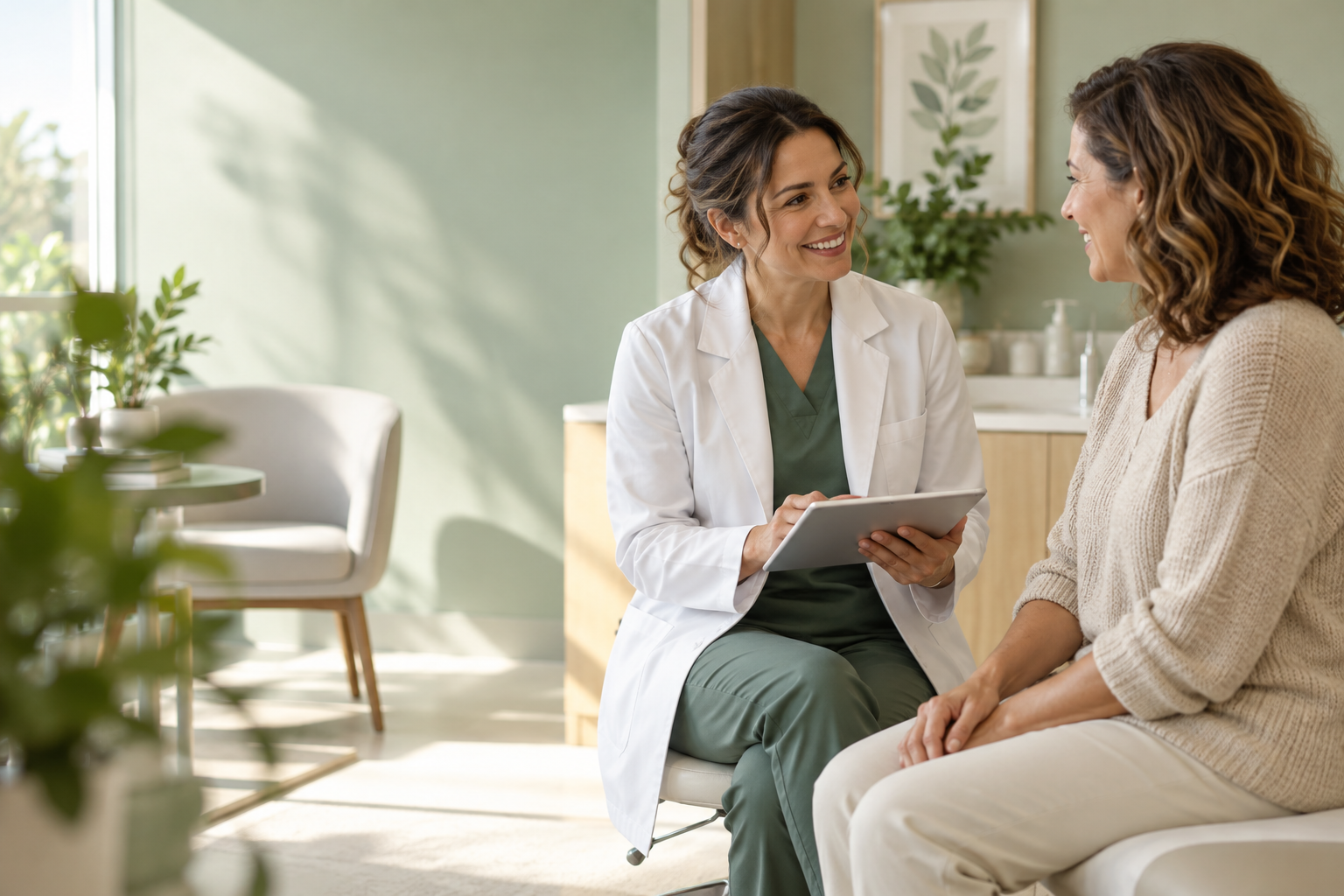 Profissional de saúde conversando com uma paciente em um consultório acolhedor